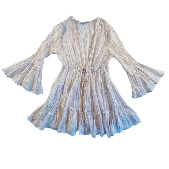 Blue Island Swim Cover-Up Extra Small Ivory Gold Bohemian Striped V-neck Cutout - Picture 1 of 11
